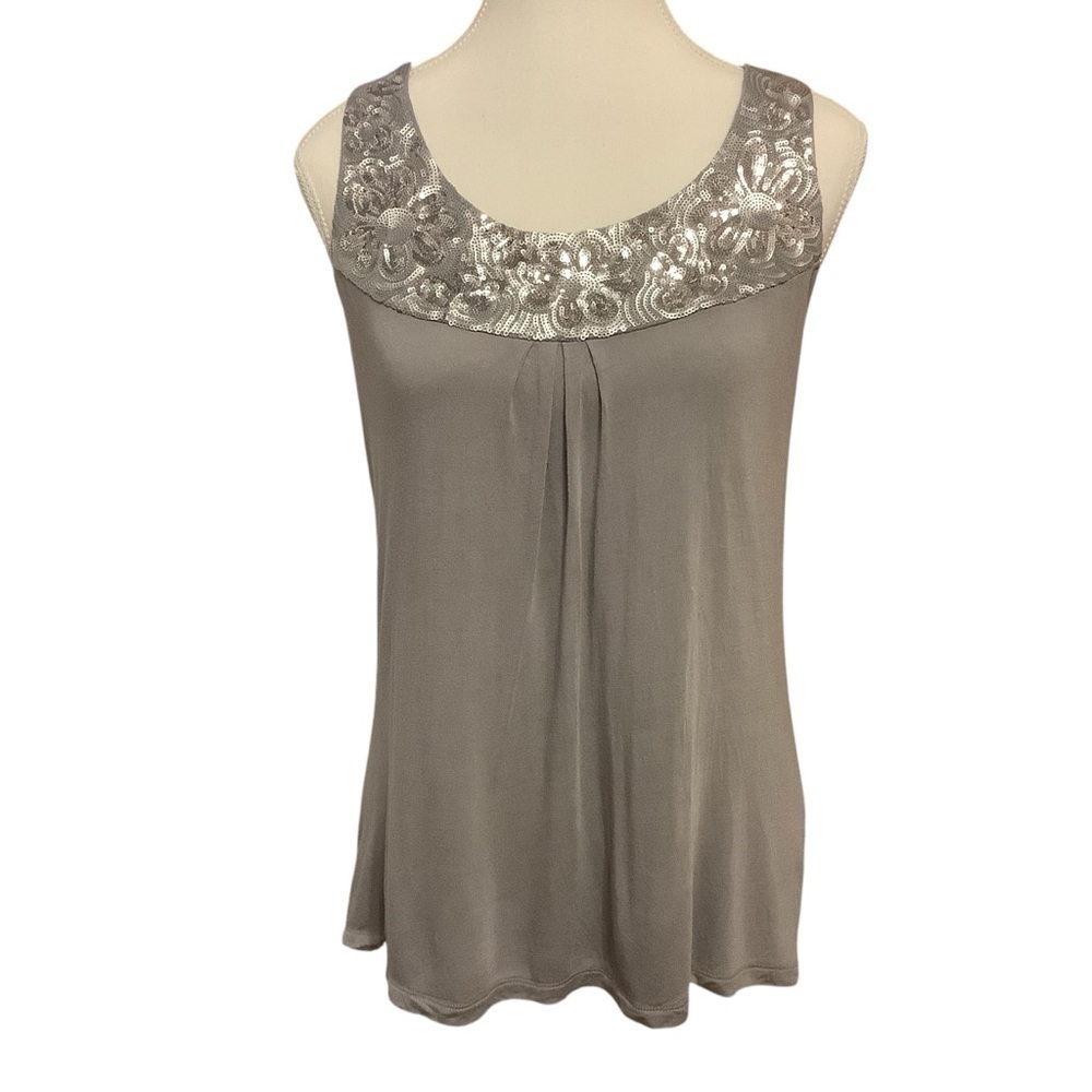 KISCHE GRAY WITH FLORAL SILVER SEQUIN TRIM/ SLEEVELESS TUNIC TANK TOP/ Size L